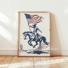 Vintage Cowboy American Flag Print Western Farmhouse Decor, 4th of July Poster