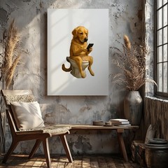Funny Dog Sitting On Toilet Using Phone Canvas Wall Art Animal Humor Decor Print