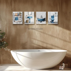 Vintage Blue Rustic Bathroom Canvas Wall Art Prints Set of 4, Retro Nostalgic Fa