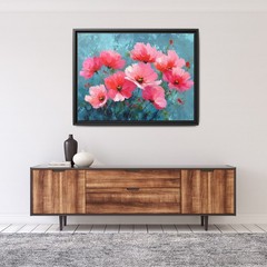 Bold Pink Floral Painting on Dark Teal Canvas, Dramatic Wildflower Botanical Art