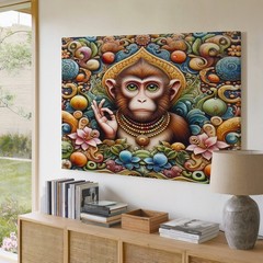 Colorful Spiritual Monkey with Ornamental Floral Design Abstract Wall Art Print