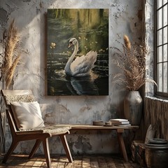 Elegant Swan Water Lilies Canvas Wall Art Nature Wildlife Painting Home Decor