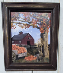 Fall scene Pumpkins barn Farmhouse Distressed wood framed wall picture