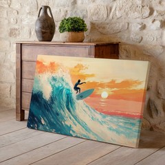 Surfer Riding Ocean Wave at Sunset Beach Canvas Wall Art Modern Coastal Print