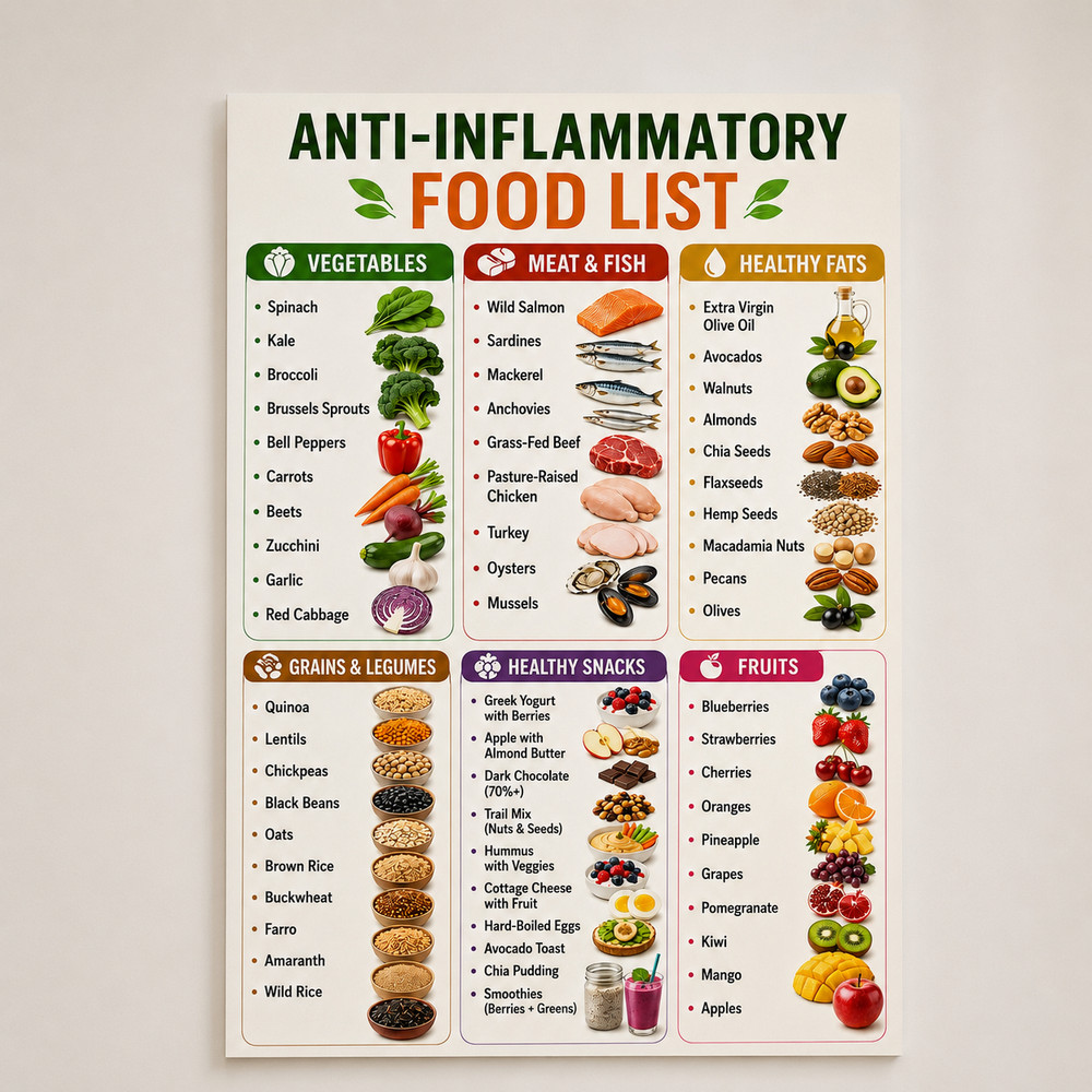 Anti-Inflammatory Food List Nutrition Poster Wall Decor Kitchen | Multiple Sizes