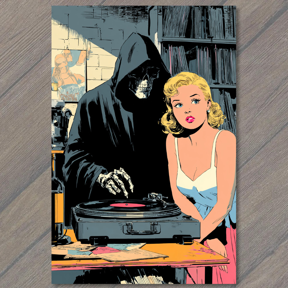 Art Print Grim Reaper Record Player Blond Woman Retro Comic Pop Art Vinyl Death
