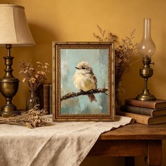 Gold Framed Bird Canvas Wall Art Vintage Bird Beige Sparrow painting Decor