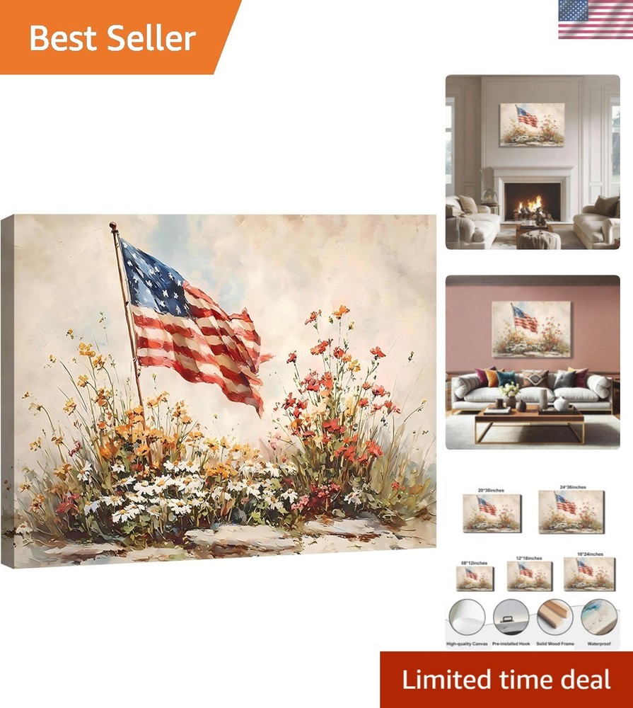 4th of July American Flag Wildflower Canvas Wall Art 8x12in, Framed Patriotic…