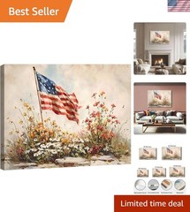 4th of July American Flag Wildflower Canvas Wall Art 8x12in, Framed Patriotic…