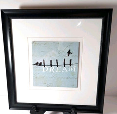 Dream Birds on a Wire Framed Wall Art 12 x 12 Blue Script Background Black Frame