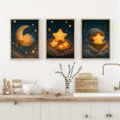 3pcs Moon And Star Art Posters Painting Wall Art Poster Prints, Boho Wall Decor