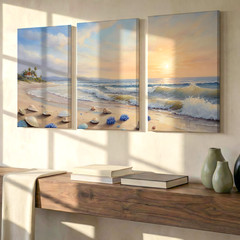 3 Pieces Serene Coastal Beach Scene Waves Sunset Large Wall Art for Set Of 3