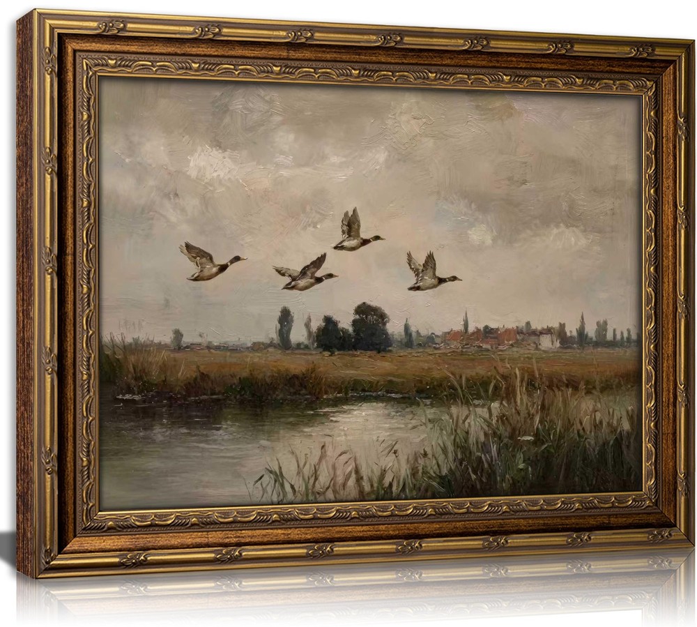 Vintage Gold Framed Flying Duck Canvas Wall Art Mallard Duck Painting Picture…