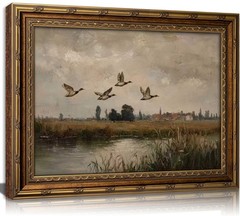 Vintage Gold Framed Flying Duck Canvas Wall Art Mallard Duck Painting Picture…