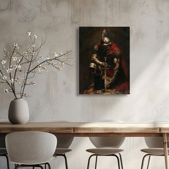 Kneeling Roman Warrior Vintage Oil Framed Canvas, Masculine Man Cave Decor