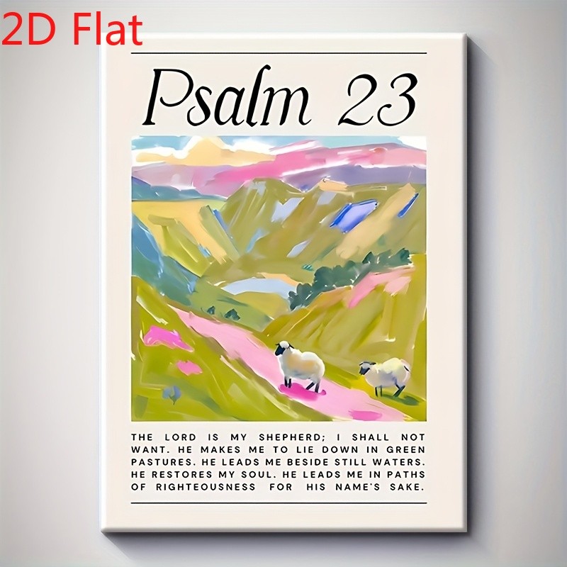 Psalm 23 Sheep Landscape Canvas Art, Colorful Christian Farmhouse Faith Decor