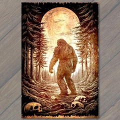 Art Print Bigfoot Walking Moonlit Forest Skulls Trees Mythical Creature Strange