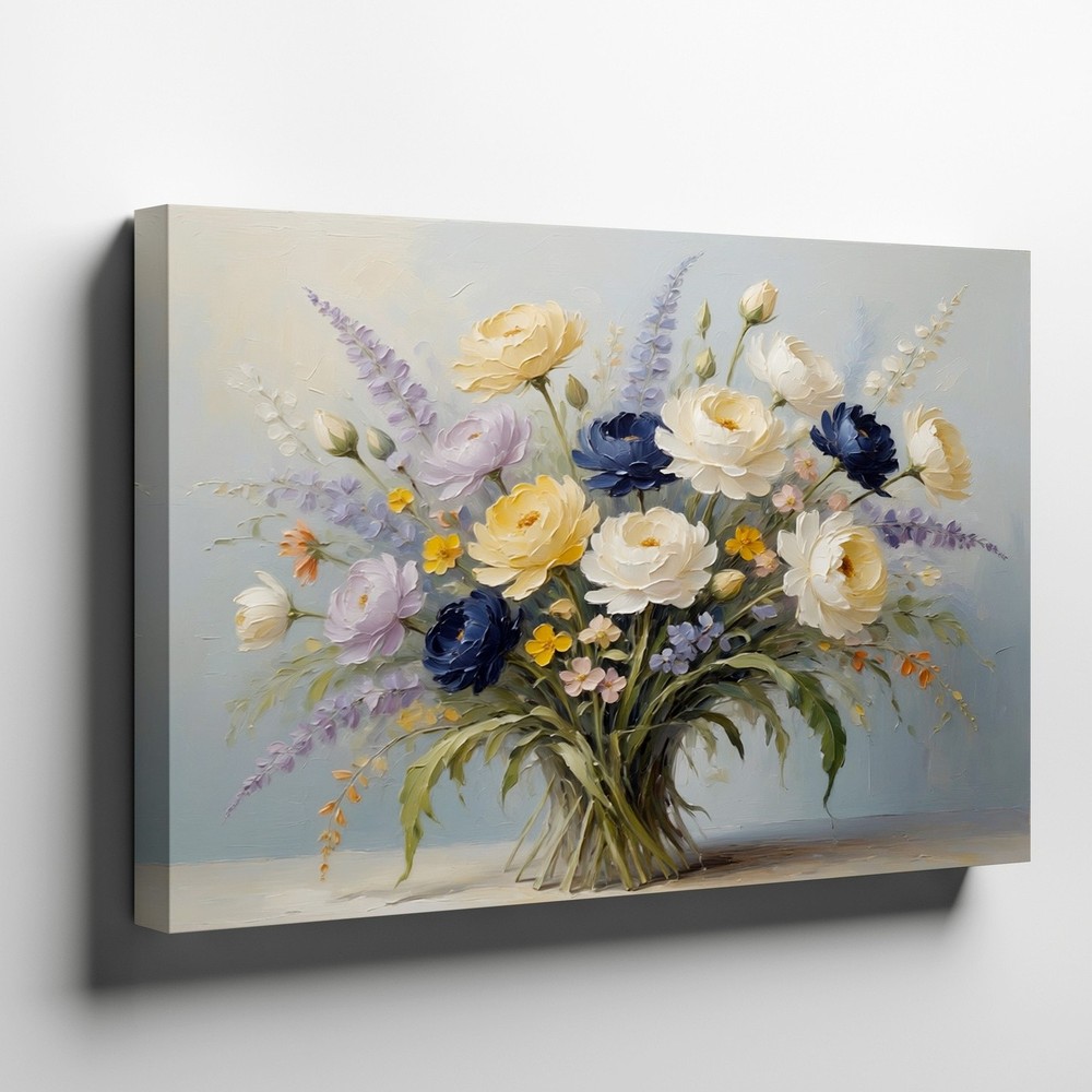 Yellow White Blue Floral Bouquet Canvas Wall Art Flower Print Painting Art Print
