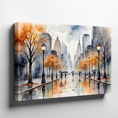 Urban Cityscape Canvas Wall Art Autumn Trees Street Scene with Walkers and Decor