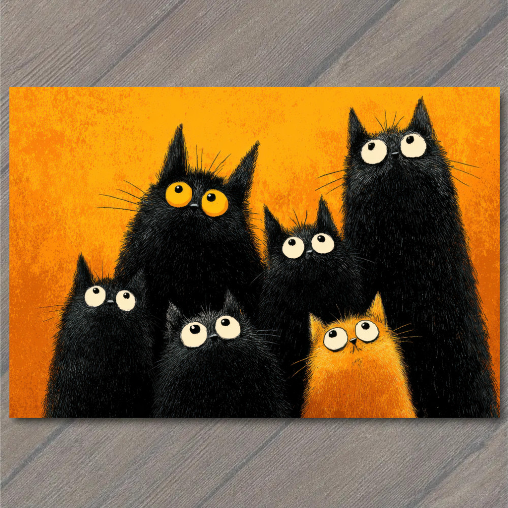 Art Print Cats Illustration Orange Backdrop Humorous Feline Art
