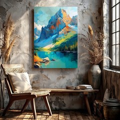 Wall Art Abstract Mountain Lake Landscape Canvas Print Blue Green Nature Decor
