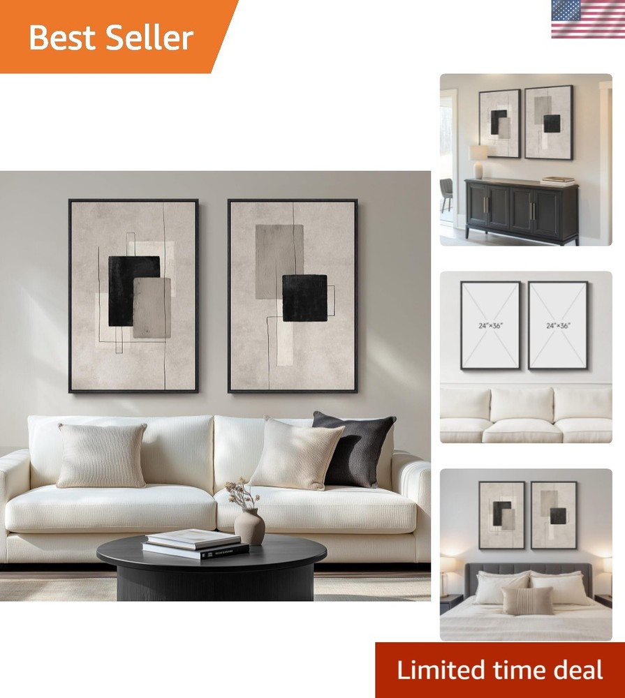 Large Framed Neutral Abstract Wall Art for Living Room, Set of 2 Black and Be…