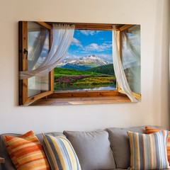 Wall Art Picturesque View From A Large, Open Wooden Window, Framed By Elegant