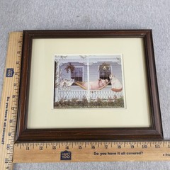 Vintage Framed Pig In Hammock With Cats Art Print Farmhouse Cottage Decor 11.5×9