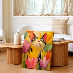 Wall Art Smiling Cat Among Tulips Canvas Print Colorful Floral Animal Decor