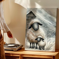 Wall Art Winter Sheep Lamb Canvas Print Rustic Farmhouse Animal Painting Decor