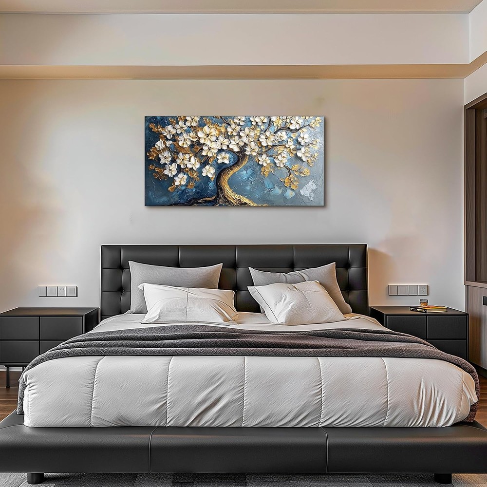 Navy Blue Pictures Wall Decor Tree of Life Canvas Painting,24x48inch DIY Framed