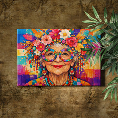 Vibrant Colorful Portrait Elderly Woman with Feathers Framed