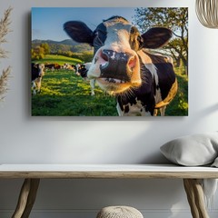Close-up Of A Cheerful Black And White Dairy Cow Showcases Wall Art Canvas Print