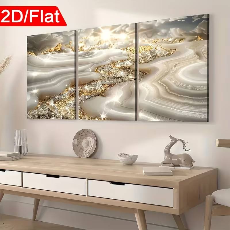 16×24 Framed Abstract Triptych Wall Art, Gold Silver Marble Texture Modern Home