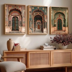 Set of 3 Indian Arch Door Paintings, Framed Boho Vintage Architecture Prints