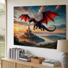 Majestic Black Dragon With Crimson Wings Soars Through A Vibrant Sunset Wall Art