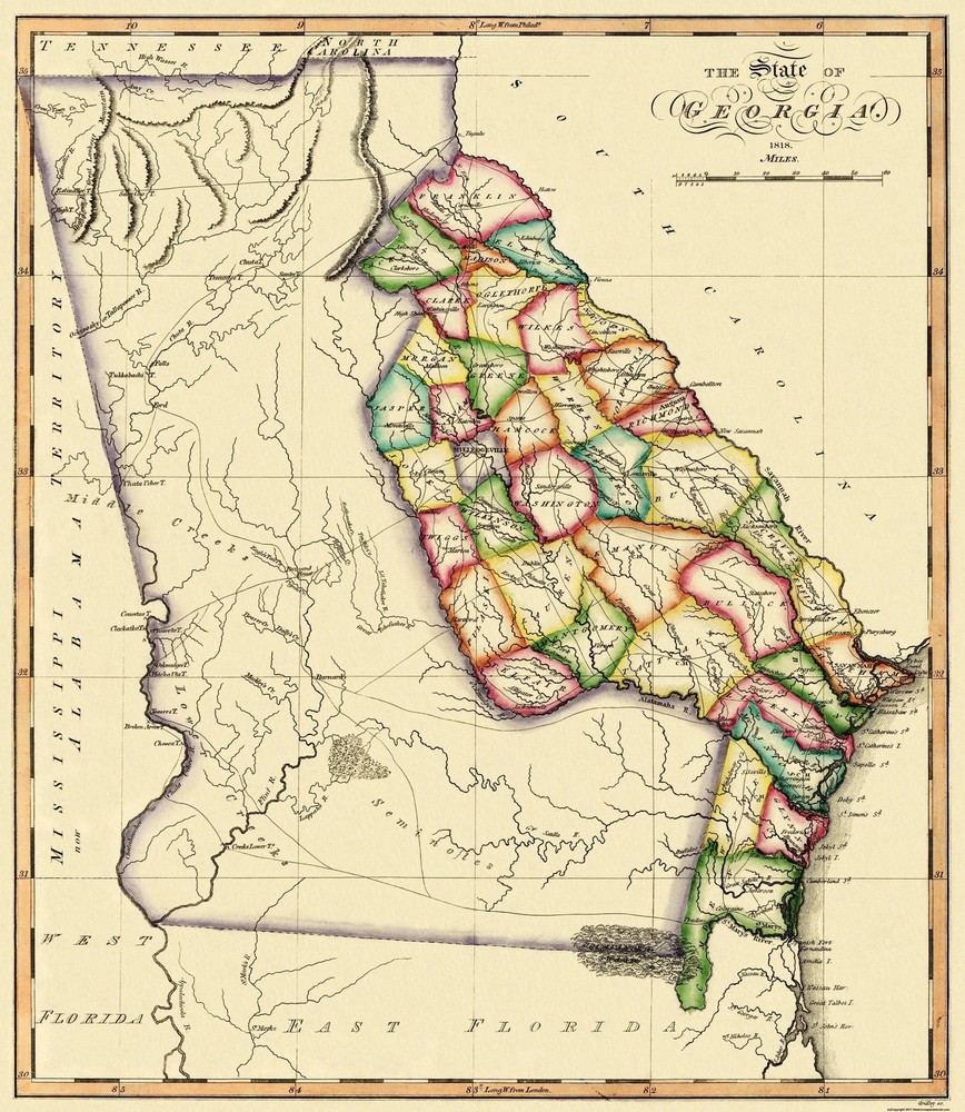 Historic State Map – Georgia – Gridley 1818 – Vintage Wall Art
