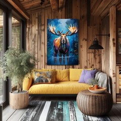 Colorful Moose Oil Painting Print Canvas Wall Art Wildlife Animals Lodge Decor