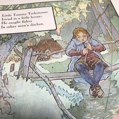 Vtg Tommy Titmouse Boy Fishing Bridge 1910s Mother Goose Print Wall Art 9×12″