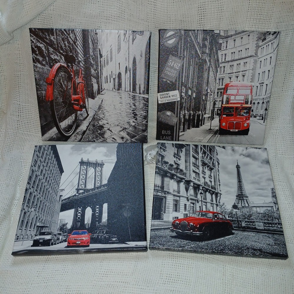 4 Pc Black & White Wall Art Bedroom Decor Red Paris Eiffel Tower London City New