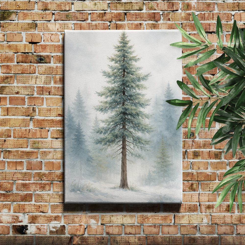 Snowy Forest Winter Pine Tree Framed Canvas Art with Wood Frame Decor