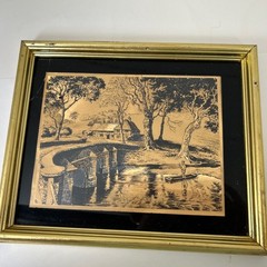 Framed Lionel Barrymore Etched Gold Foil Print Mid-Century Modern 10 1/2 “ VTG