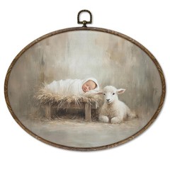 Vintage Christian Nativity Christmas Oval Framed Wall Art Decor, Birth of Bab…