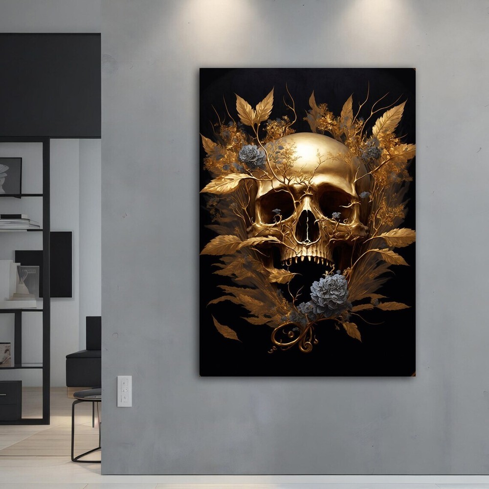 Golden Skull Modern Grey Floral Design Paint Wall Art Canvas Unframed Print Art