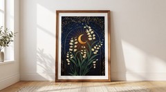 Lily of the Valley Poster Celestial Gold Moon Star Floral Vintage Art Print Dark