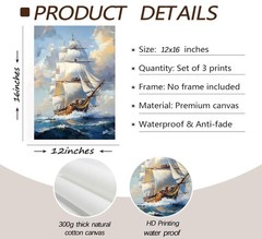 3PCS Nautical Canvas Wall Art Modern Sailing Sailboat 16″L x 12″W Posters