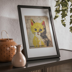 Vintage CAT Meow or Never Wall Art, Retro Kitten Cute Animal Decor, Yellow Cat