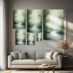 Misty Forest River Abstract Green Painting Print on Framed Canvas Wall Art Decor