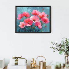 Bold Pink Floral Painting on Dark Teal Canvas, Dramatic Wildflower Botanical Art