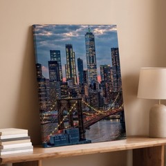 New York City Skyline Canvas Wall Art Brooklyn Bridge Night Light Decor Print